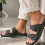 Men's dark gray open-toe slippers with double straps and stitched trim