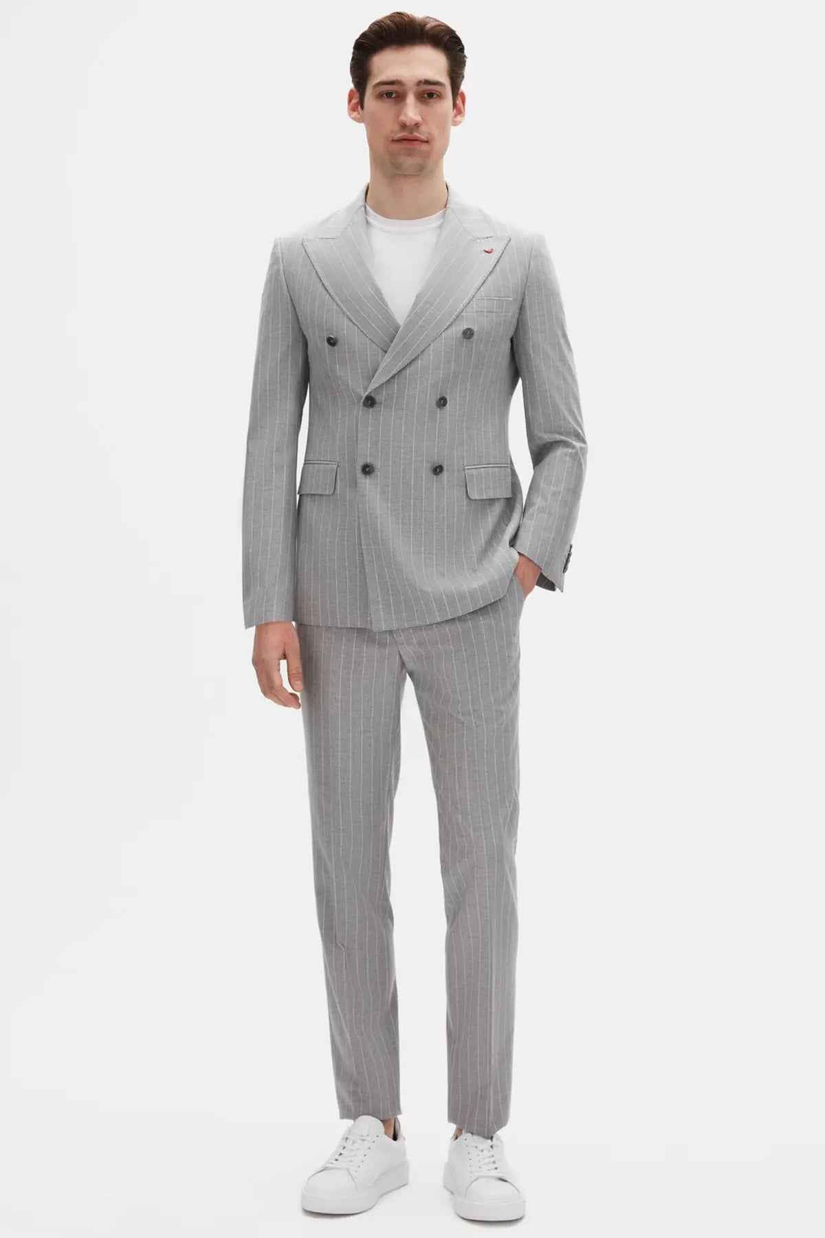 Men's gray striped double-breasted suit set with jacket and trousers DMT