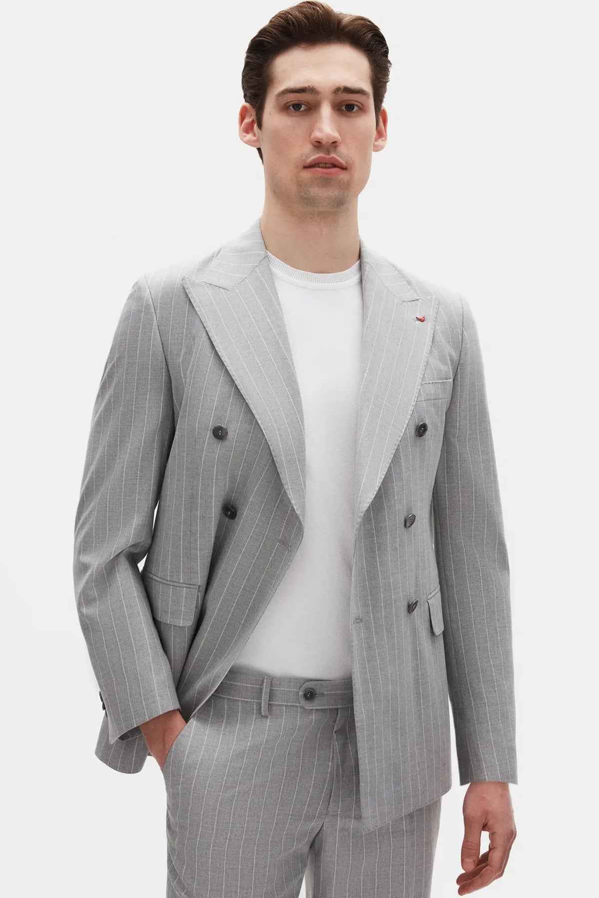 Men's gray striped suit jacket with notch lapel and double-breasted front DMT