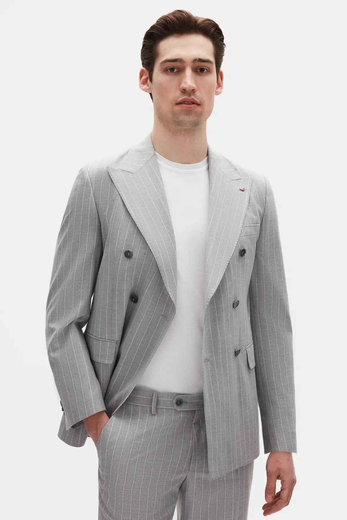 Men's gray striped suit jacket and trousers regular fit