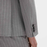 Men's gray striped suit trousers with buttoned cuff and stitched seam
