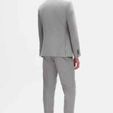 Men's gray striped suit back view of jacket and trousers