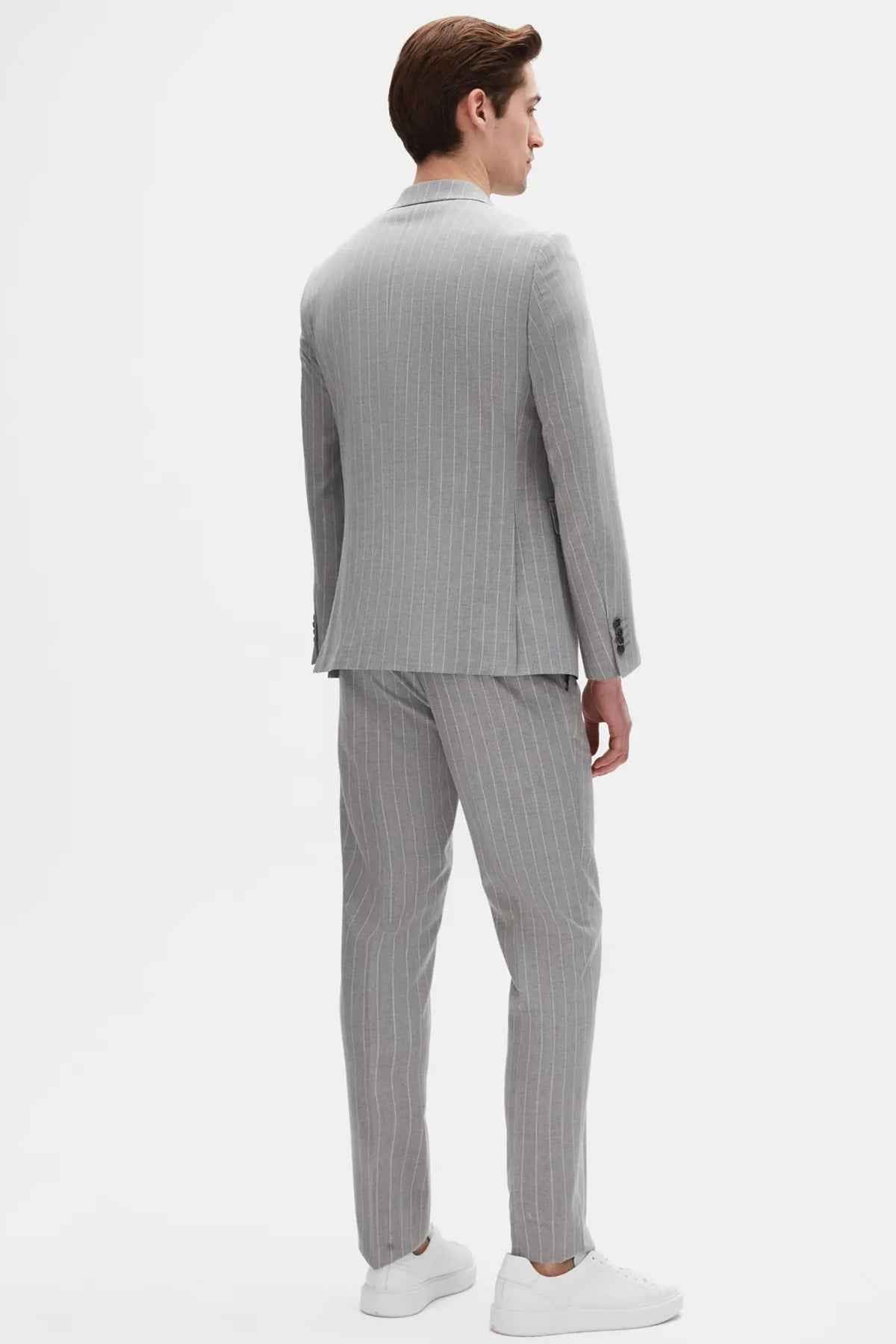 Men's gray striped suit back view of jacket and trousers