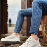 Men's suede sneakers, light gray, lace-up with thick white sole