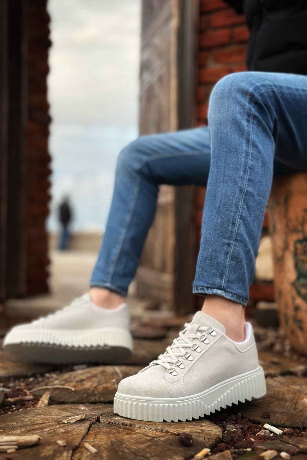 Men's suede sneakers, light gray, lace-up with thick white sole