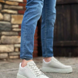 Men's suede sneakers, light gray, side view, lace-up platform sole