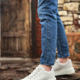 Men's suede sneakers, light gray, front three-quarter view, lace-up platform sole