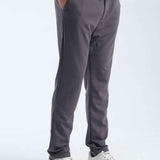 Men's gray sweatpants, side view, drawstring waist and cuffed hem