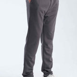 Men's gray sweatpants, full side view, drawstring waist and cuffed hems