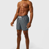 Men's gray swim shorts with drawstring and elastic waistband, logo on left leg