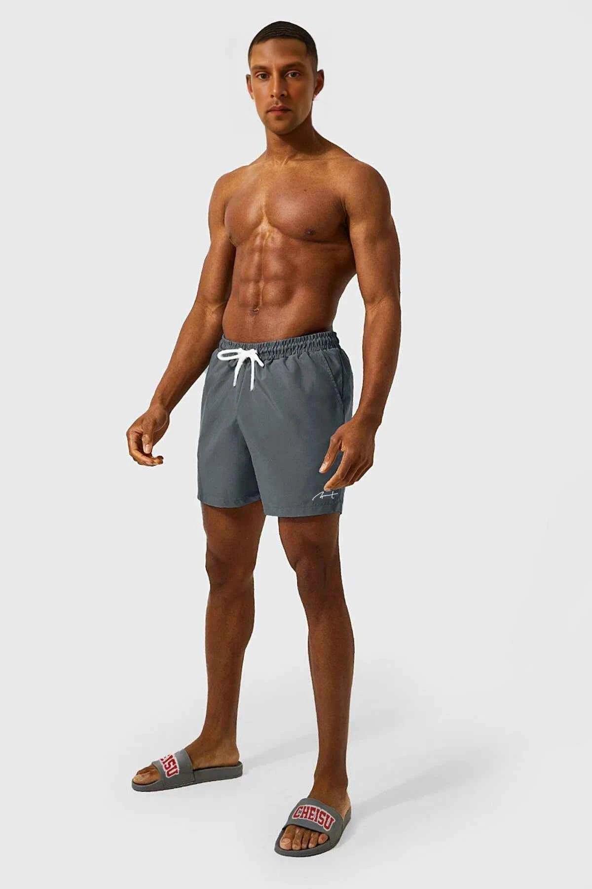 Men's gray swim shorts with drawstring and elastic waistband, logo on left leg