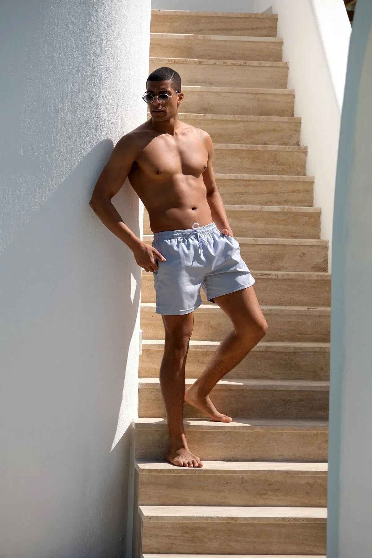 Mayom men's gray swimming shorts with elastic waistband and drawstring, side view