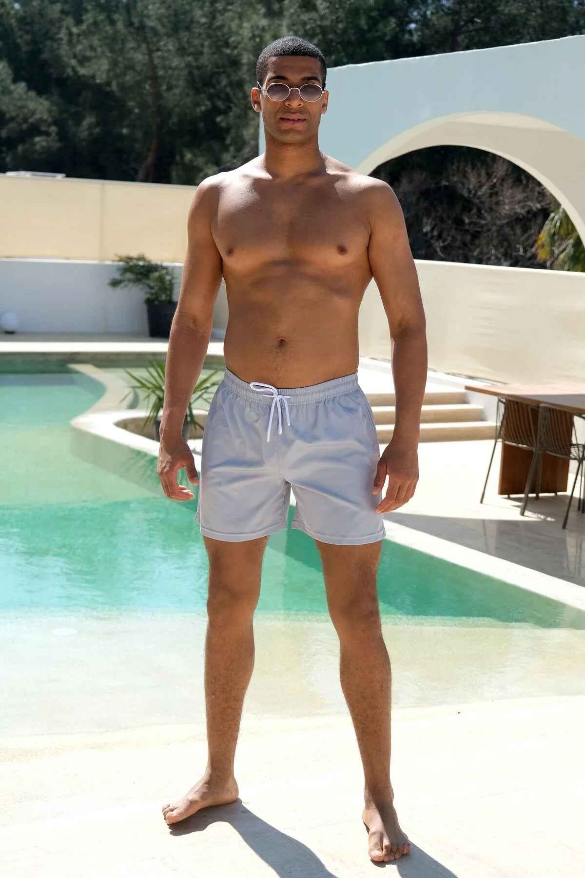 Mayom men's gray swimming shorts, front view with elastic waistband