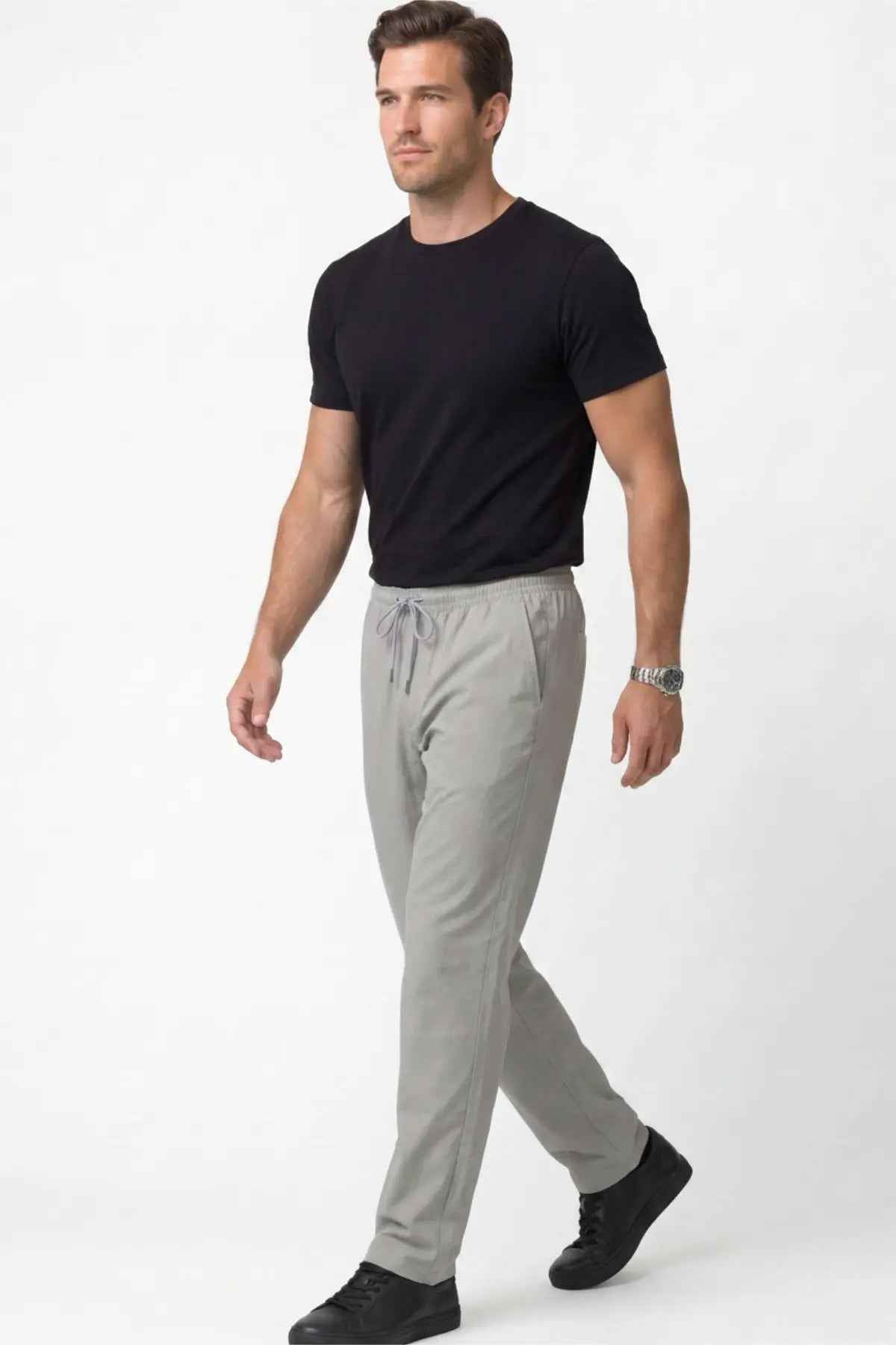 Men's gray track pants with elastic drawstring waist and side pockets