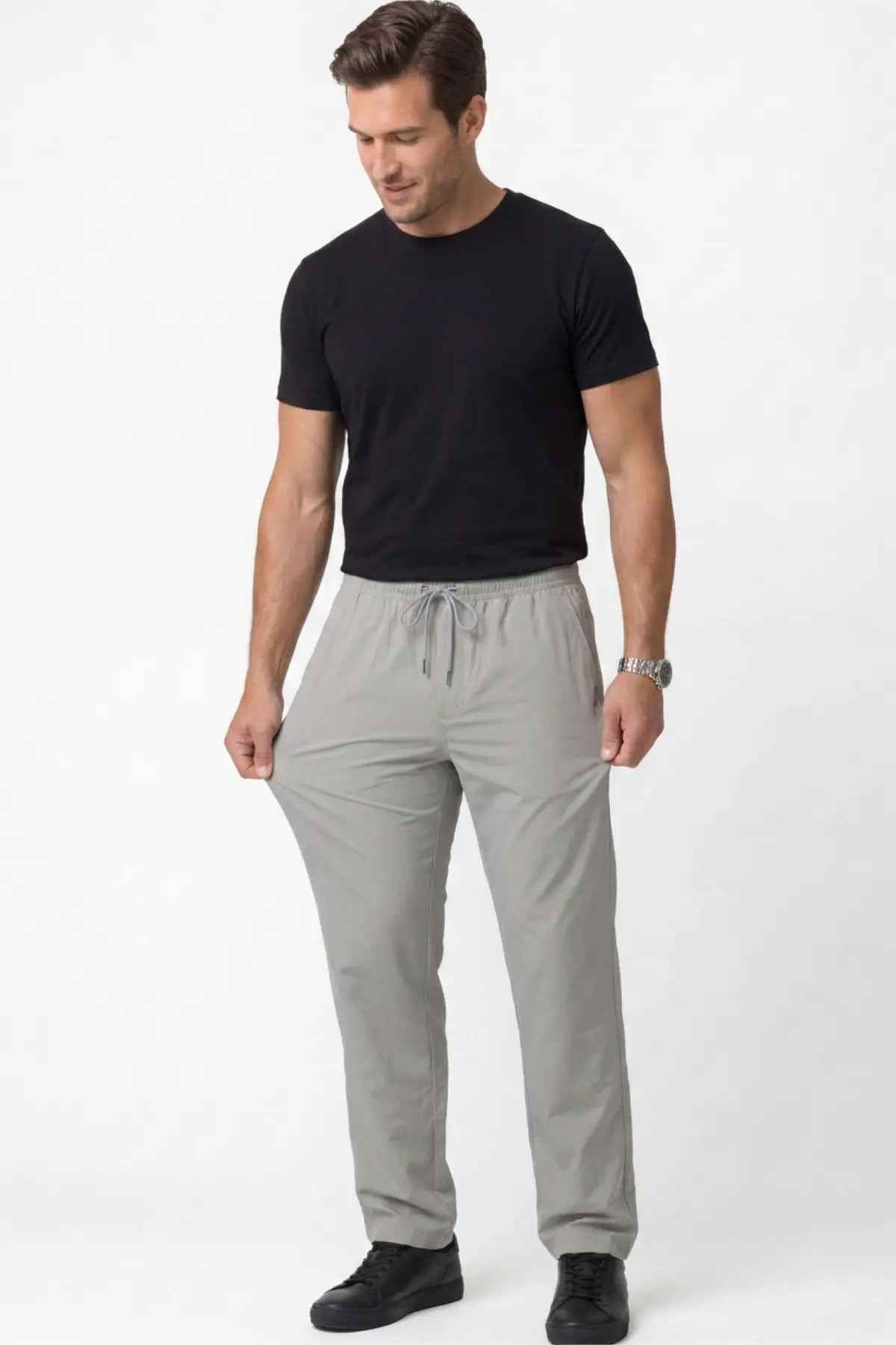 Men's gray track pants, relaxed straight fit, elastic waistband with drawstring