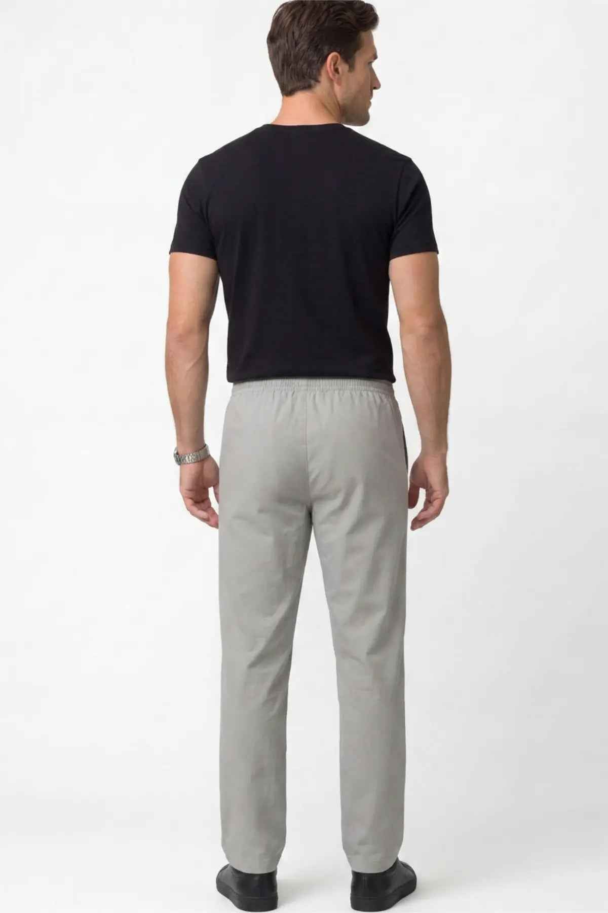 Men's gray track pants, back view, elastic waist with drawstring