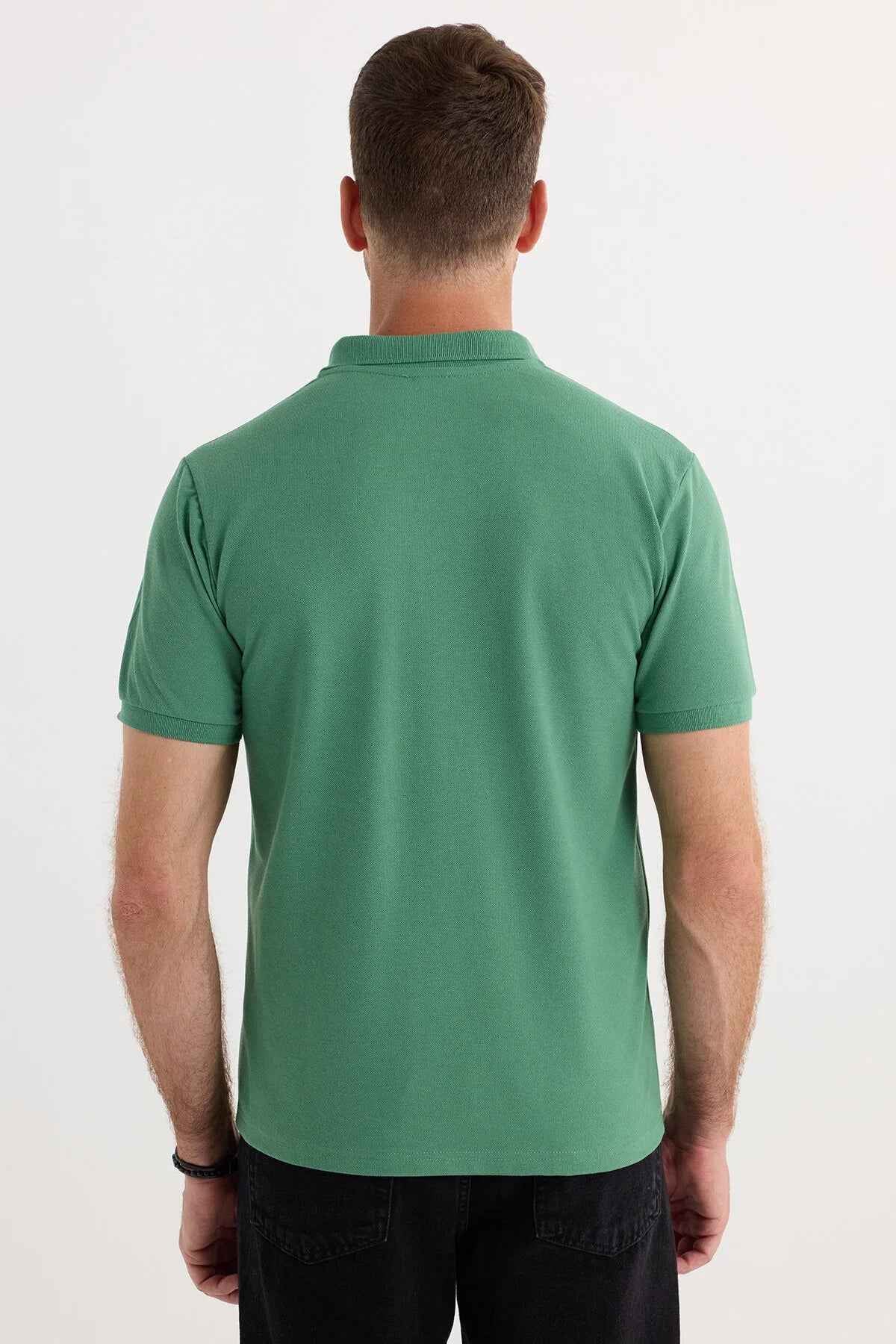 Men's Serin green polo shirt back view with short sleeves and collar