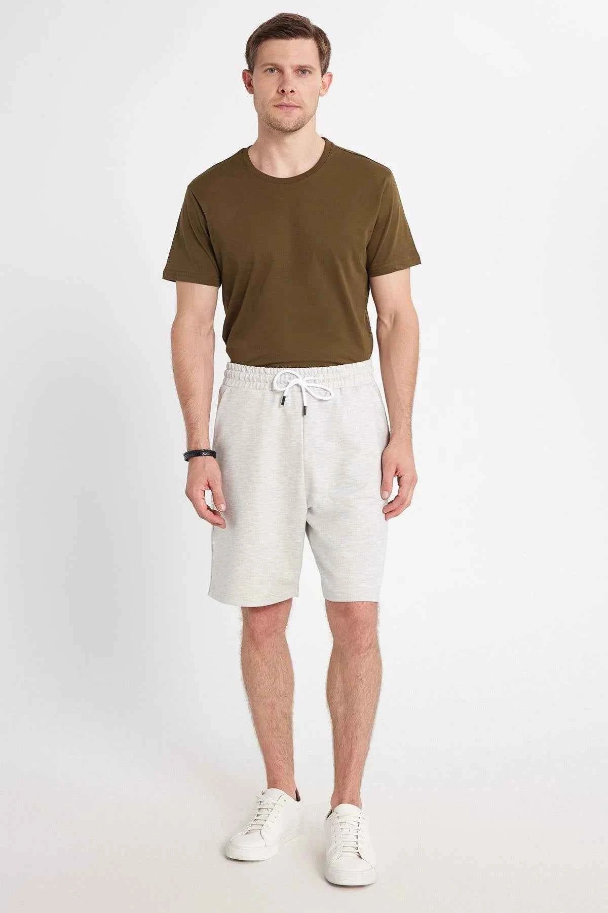 Men's light grey drawstring shorts with elastic waistband, side pockets