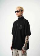 Men's Half-Zip Embroidered Oversize Black T-Shirt - Respire