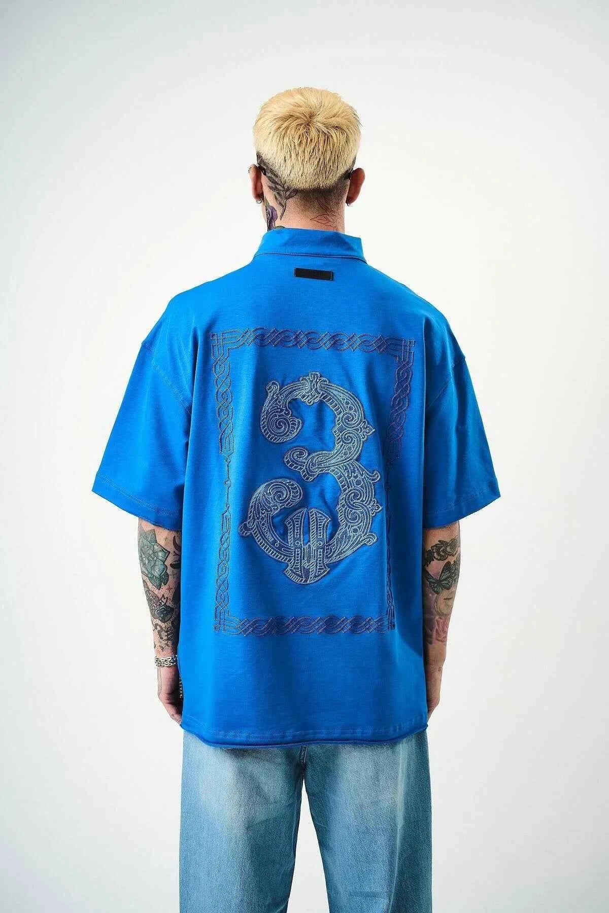 Men's Half-Zip Embroidered Oversize Blue T-Shirt - Respire – Basoles