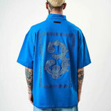 Men's half-zip embroidered oversize T-shirt, blue, back dragon embroidery