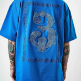 Men's half-zip embroidered oversize T-shirt, blue, large back dragon embroidery