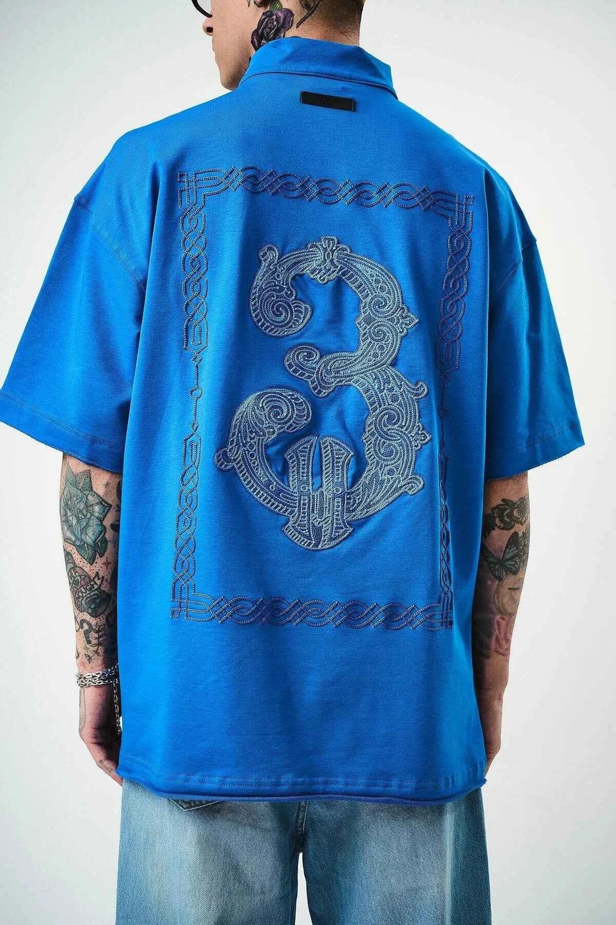 Men's half-zip embroidered oversize T-shirt, blue, large back dragon embroidery