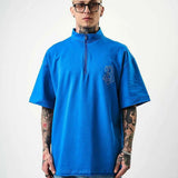 Men's half-zip embroidered oversize T-shirt, blue, front half-zip and chest logo