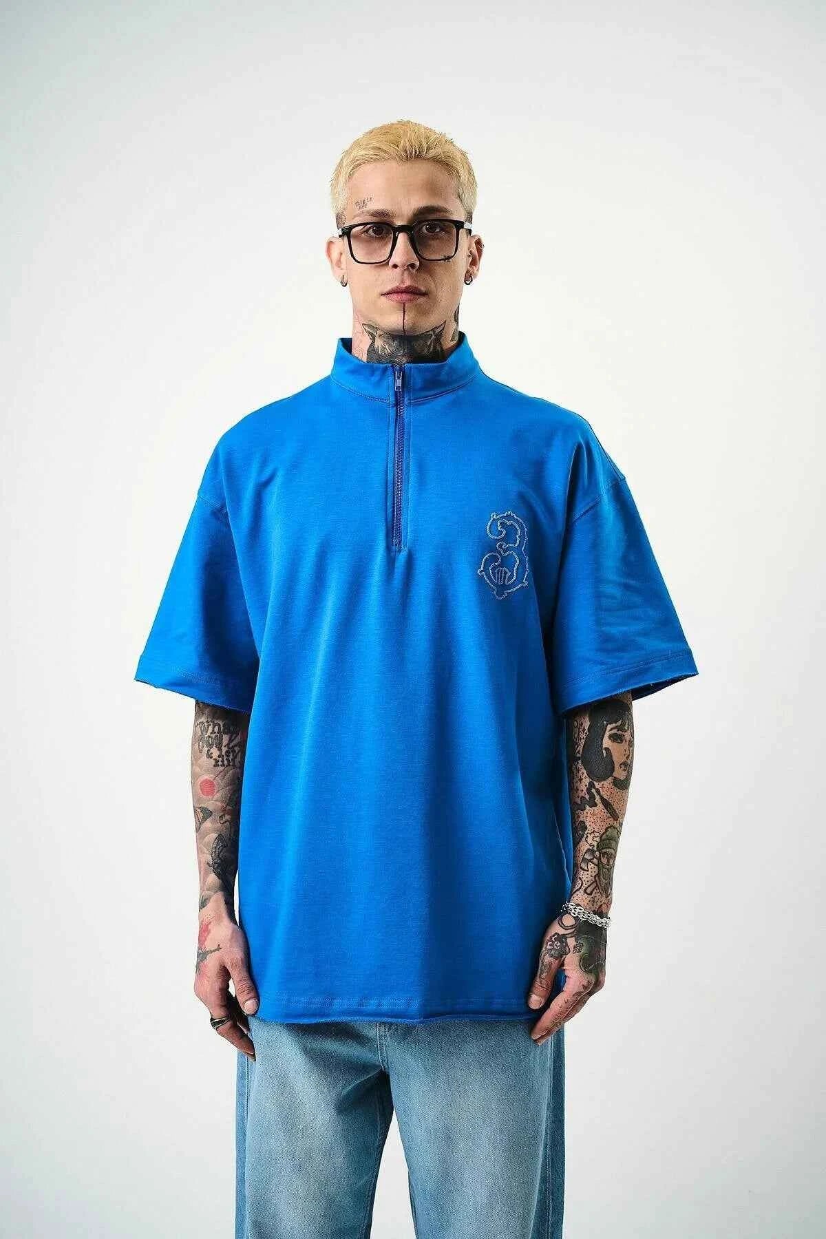 Men's half-zip embroidered oversize T-shirt, blue, front half-zip and chest logo