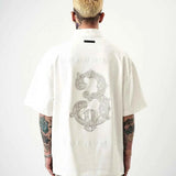 Men's oversize half-zip T-shirt, white with large back dragon embroidery