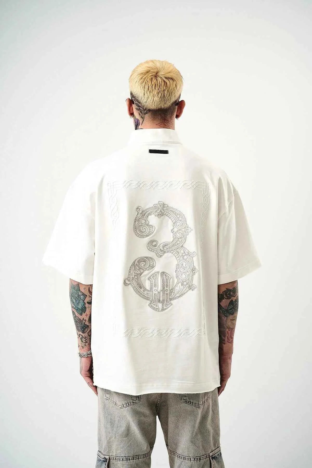 Men's oversize half-zip T-shirt, white with large back dragon embroidery
