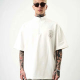Men's oversize half-zip T-shirt, white with small chest embroidery