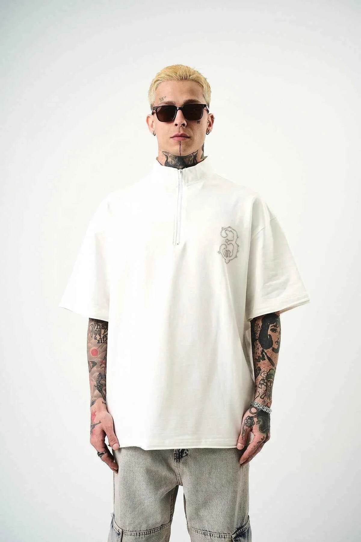 Men's oversize half-zip T-shirt, white with small chest embroidery