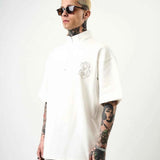 Men's oversize half-zip T-shirt, white; chest embroidery, short sleeves