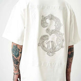 Men's oversize half-zip T-shirt, white; detailed back dragon embroidery