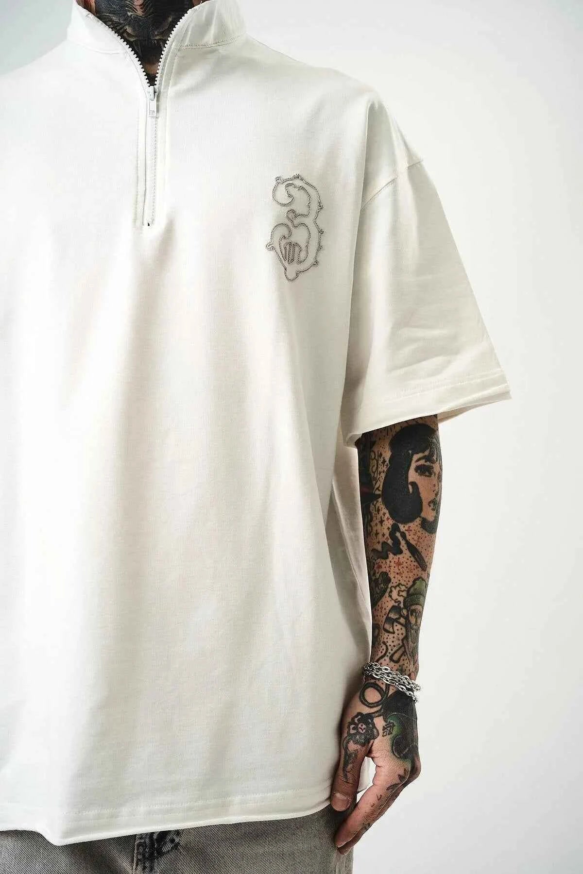 Men's oversize half-zip T-shirt, white; half-zip collar and small chest logo