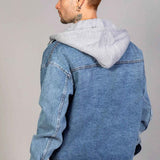 Oversized ice blue denim jacket with gray hood lining, back view
