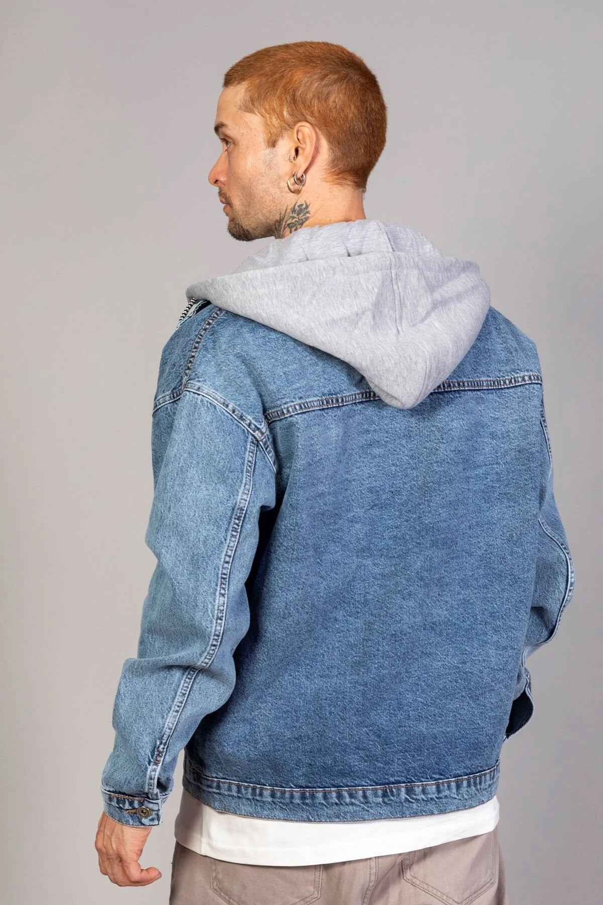 Oversized ice blue denim jacket with gray hood lining, back view