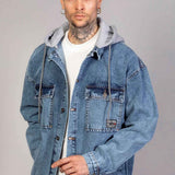 Oversized ice blue denim jacket with gray hood lining and front pockets