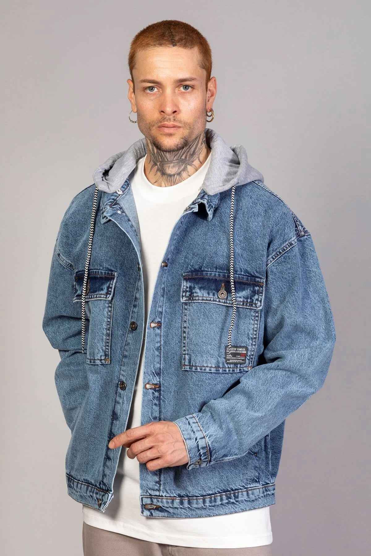 Oversized ice blue denim jacket with gray hood lining and front pockets