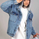 Oversized ice blue denim jacket with gray hood lining, hood up style