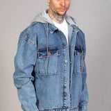 Oversized ice blue denim jacket with gray hood lining and chest pockets