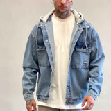 Oversized ice blue denim jacket with gray hood lining, front view