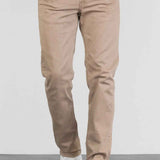 Men's beige jeans with front center seam, belt loops, and straight-leg fit