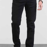 Men's black jeans, front view with belt loops and front pockets, straight fit