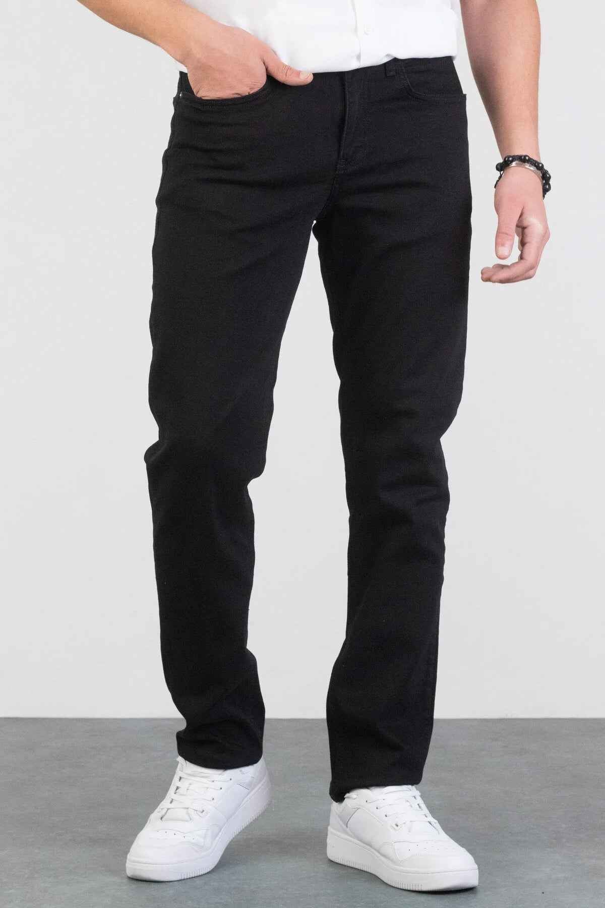 Men's black jeans, front view with belt loops and front pockets, straight fit