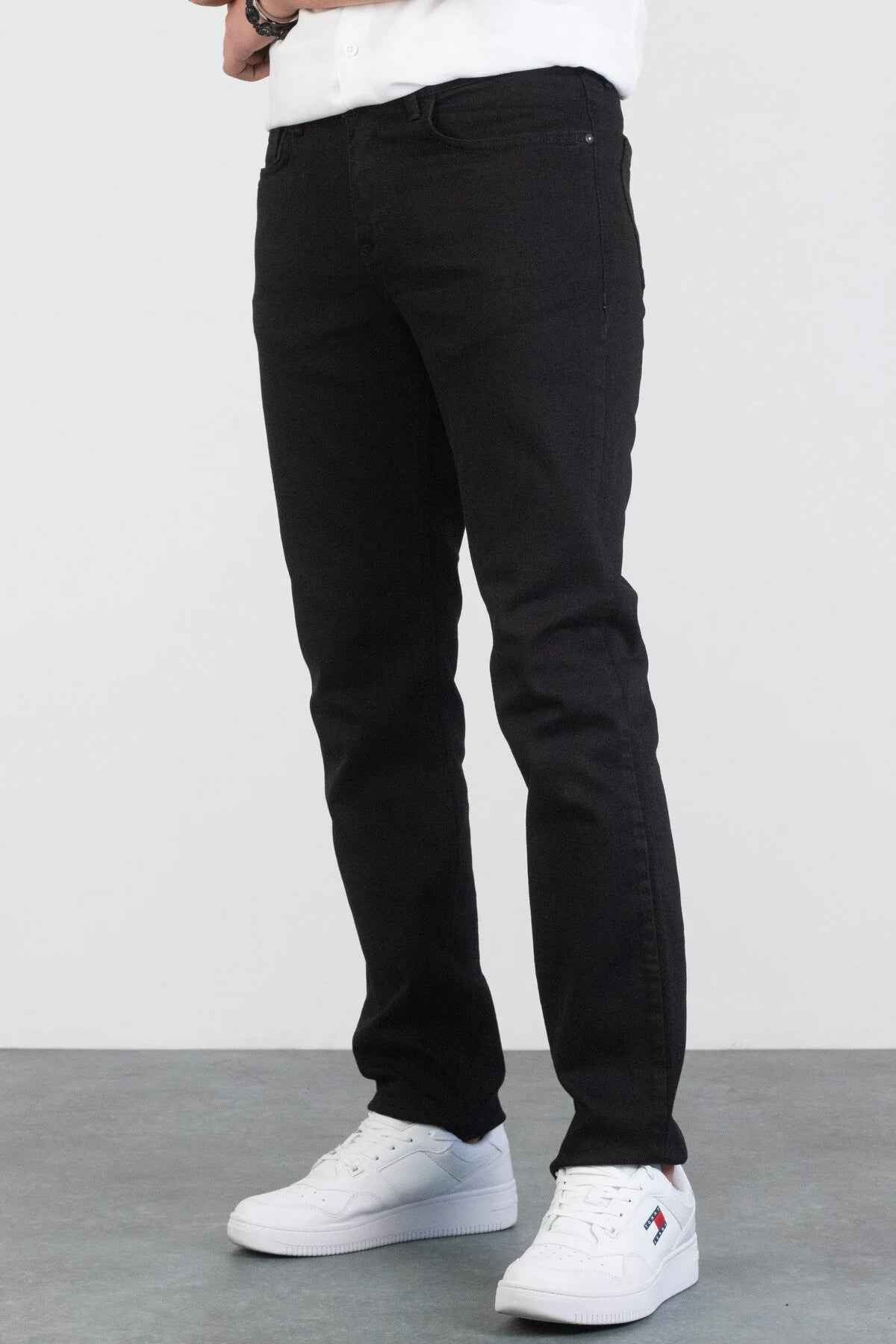 Men's black jeans, straight leg with belt loops and five-pocket styling