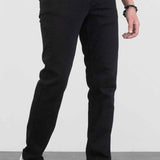 Men's black jeans, front view with belt loops and straight leg creases