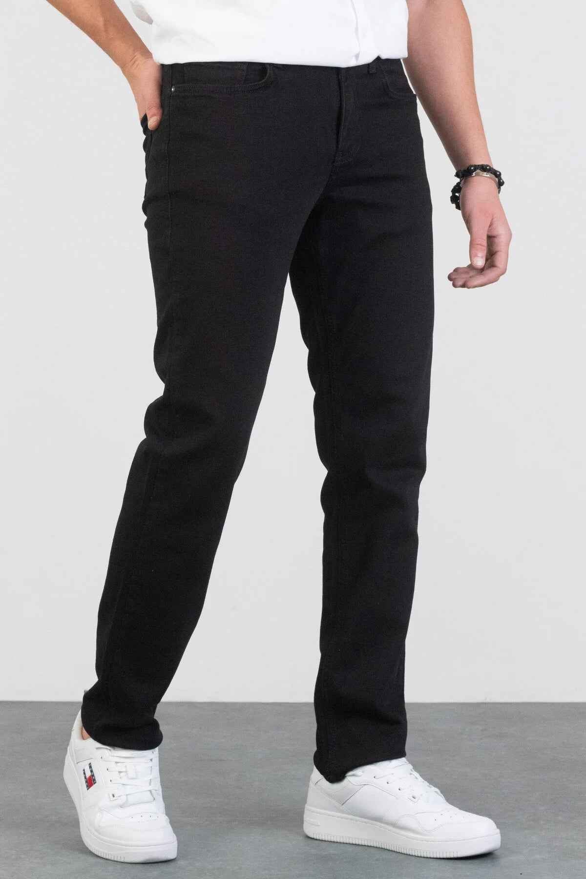 Men's black jeans, front view with belt loops and straight leg creases