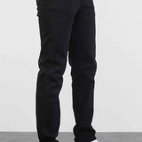Men's black jeans, side view with belt loops and straight leg hems